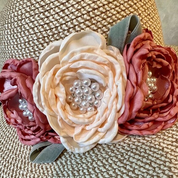 Elegant Women's Tweed Sun Hat With Satin Flowers And Pearls Special Event (NEW) - Picture 11 of 12